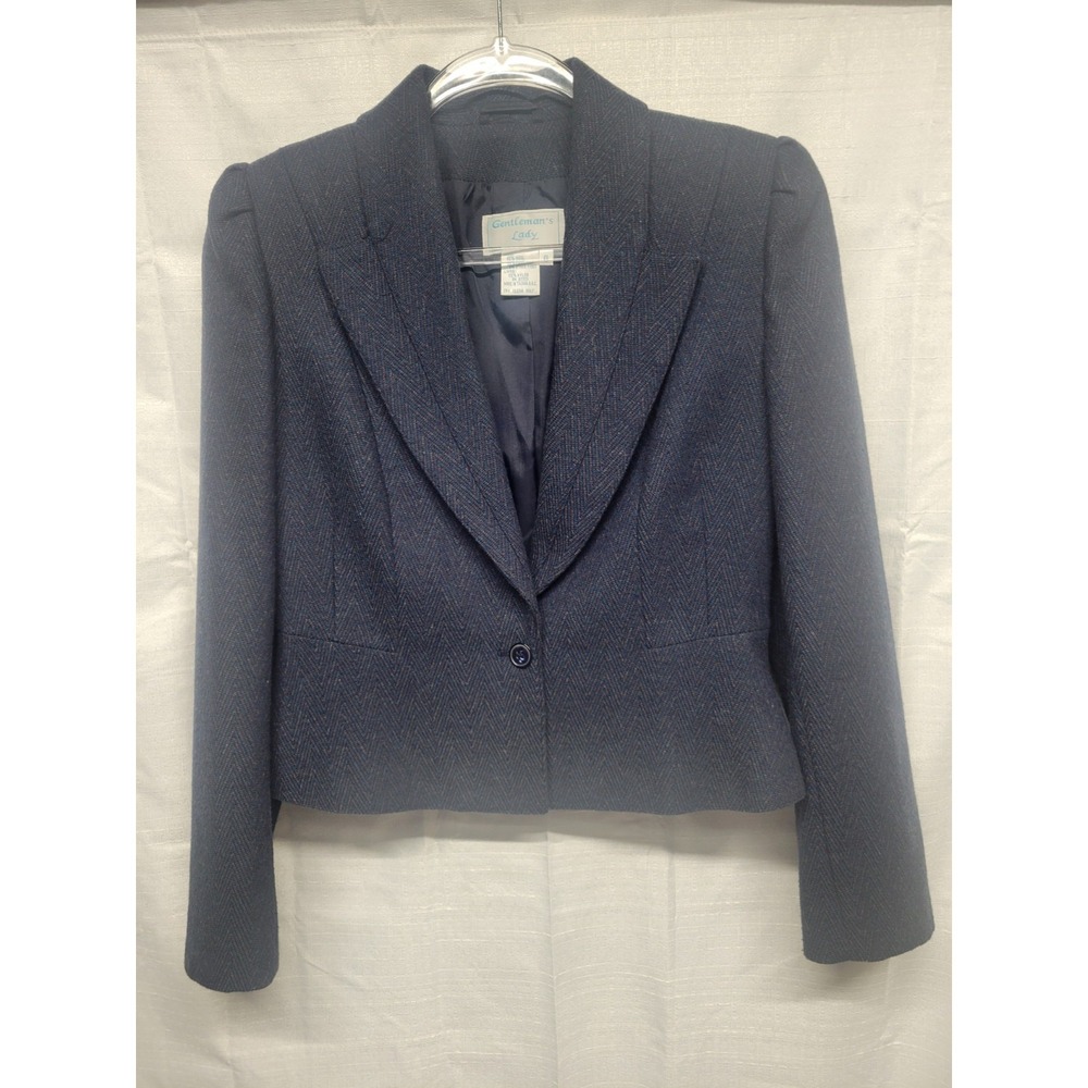 Vintage Blue Chevron Preppy Womens Wool Short Blazer Gentlemen's Lady Sz 9
